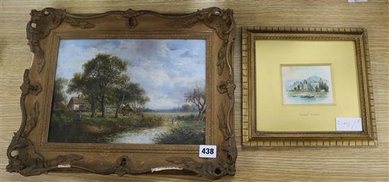 P. Nasmyth, oil on board, Figures beside a pond, signed, 20 x 30cm and a watercolour after Birket Foster